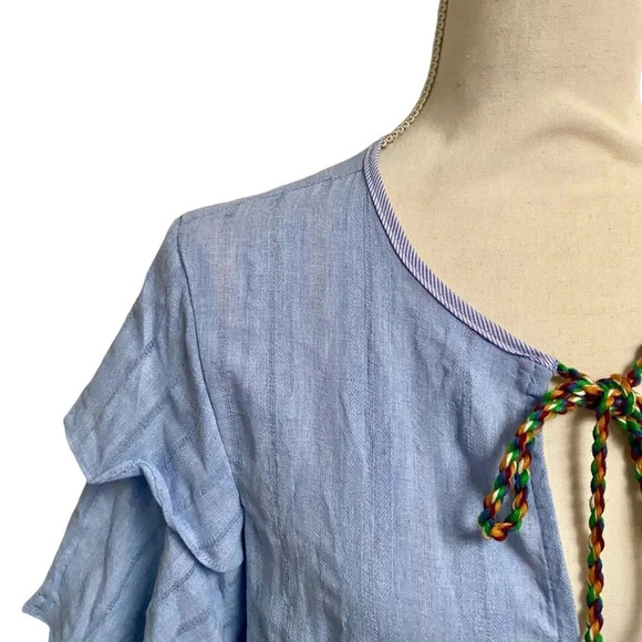 English Factory Blue Pom Pom Tie Top Tiered Sleeve Blouse Size Small - Picture 5 of 16
